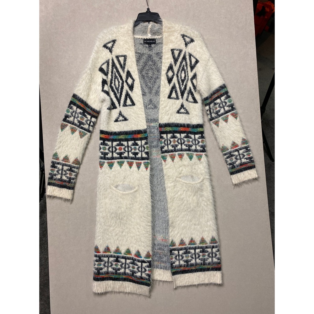 My Michelle Women Cream Eyelash Knit Southwestern Geometric Duster Cardigan L